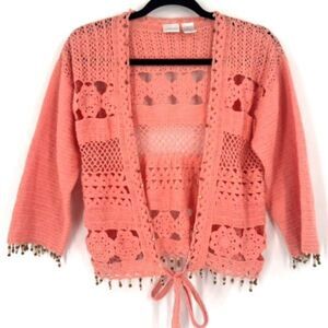 Soft‎ Surroundings Women's Beaded Crochet Knit Crop Cardigan Pink Size Medium